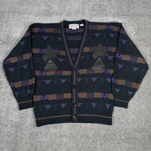 Vintage Campus Cardigan Men's Medium Purple Black Leather Trim Geometric Acrylic